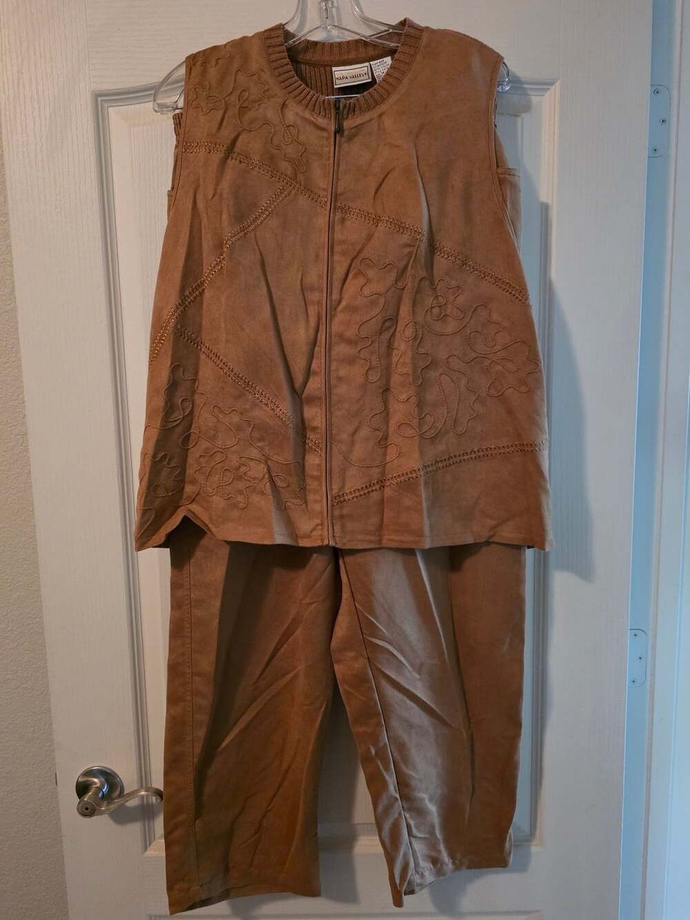 Napa Valley Faux Suede Vest and Pants Set Brown Embroidered 2-Piece Outfit 1X